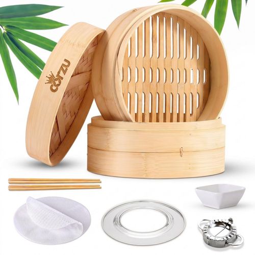 Contenedor para Cocinar CORZU Vaporera de Bambú de 25 cm con 2 Niveles