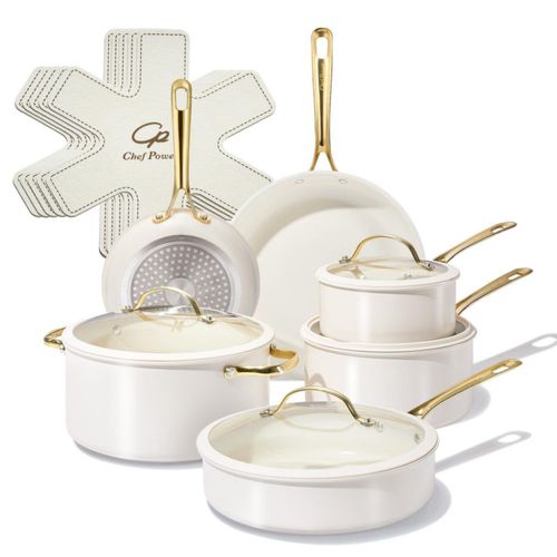 Juego de Cocina Chef Power 15 Piezas Cerámica Antiadherente Crema