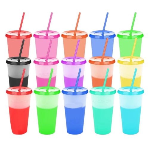 15pzs Vasos Mágicos Cambian De Color Con Tapa Y Popote Multicolor