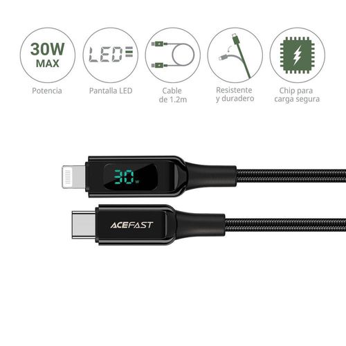 Cable Acefast 6974316281030 Lightning a USB-C Indicador De Carga Negro