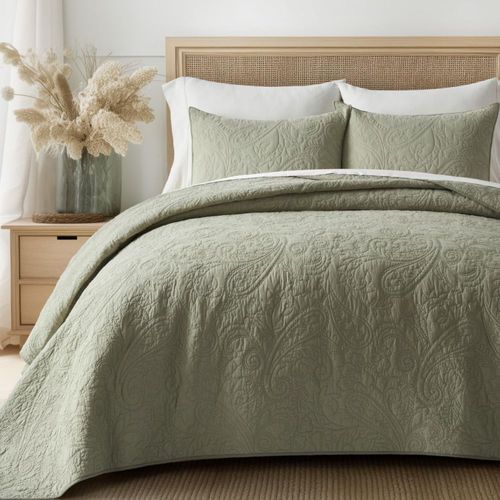 Juego de Ropa de Cama EVERGRACEHOME Queen 3 Piezas Edredón de Algodón Verde Salvia