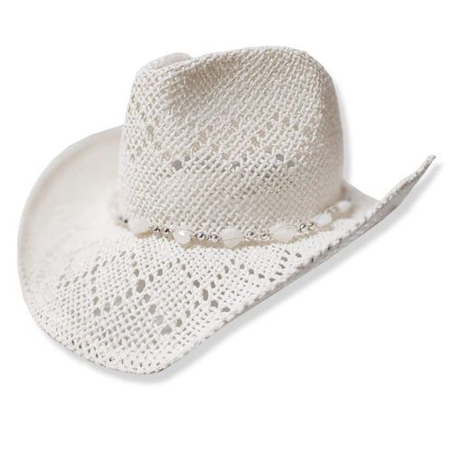 Sombrero vaquero de paja TOVOSO estilo cowgirl con corazones de cuentas – blanco