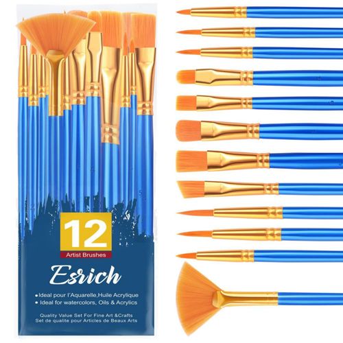 Pinceles de pintura ESRICH – Set de 12 piezas con cerdas de nailon y punta redonda