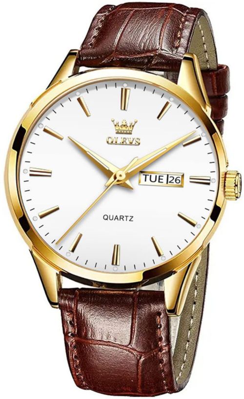 Reloj de pulsera OLEVS para hombre cuero marrón esfera blanca impermeable