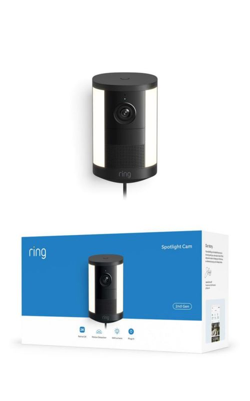 Cámara Spotlight Ring Plug‑In 2K negra con sensor de movimiento