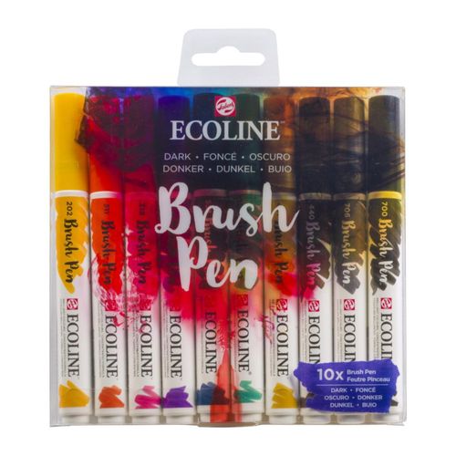 Set de 10 Plumas Pincel Ecoline – Colores Oscuros