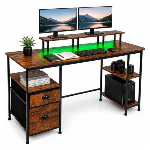 Escritorio Gamer con 2 Cajones Repisas Luz LED Contactos USB y Estacion de Carga Diseno Moderno para Oficina Estudio Home Office Resistente