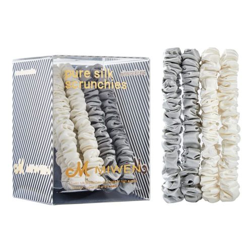 Goma para el pelo MIWEN de seda blanca y gris paquete de 4 22 Momme