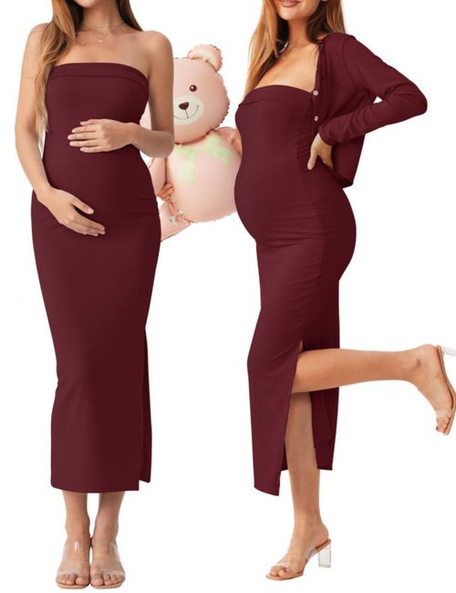 Conjunto de Maternidad QUNISY de 2 Piezas: Vestido sin Tirantes y Cárdigan