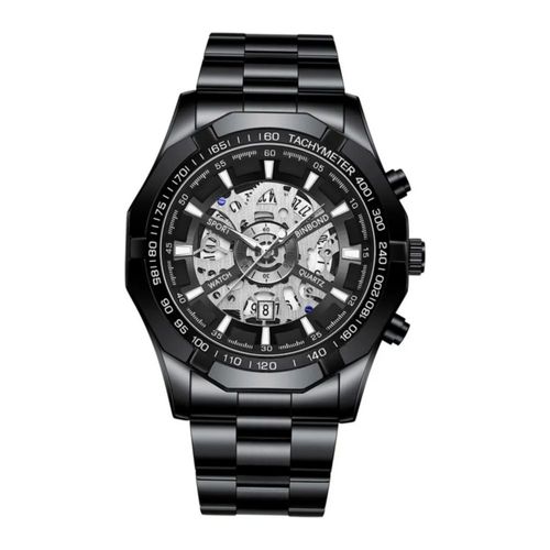 Reloj Correa Acero Luminoso Metálica Hombre Plata Fondo, Color Negro
