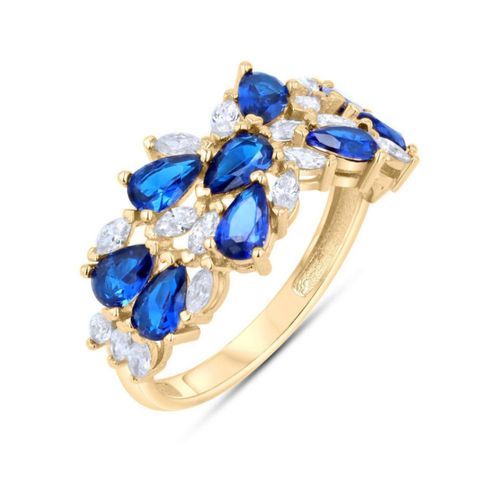 Anillo De Oro Amarillo 14K Con Zirconias Blancas Y Azules (Ajustable 1 Numero)