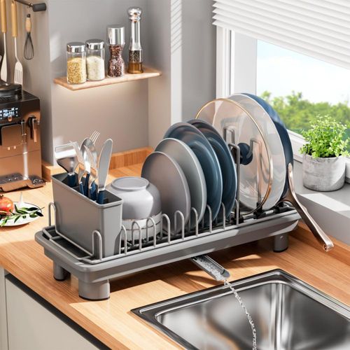 Escurridor de platos pequeño con soporte para utensilios extraíble y b