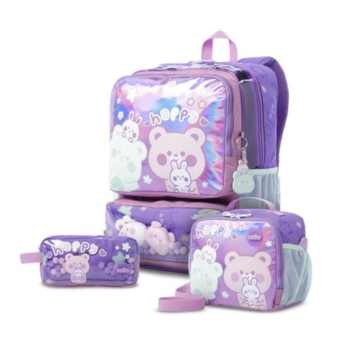 Kit Escolar Mochila Grande, Lonchera y Lapicera Totto Friends Party L Morado Combo para Niña