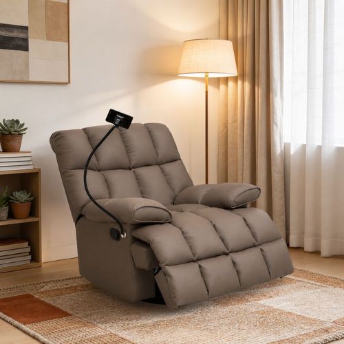 Sillon reclinable manual, giratorio, funcion mecedora con porta celulares tapizado en piel  salvator cafe