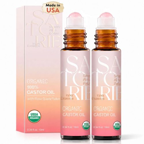 Aceite de Ricino Orgánico Satorie 10 ml con Rodillo de Cuarzo Rosa – Pack de 2