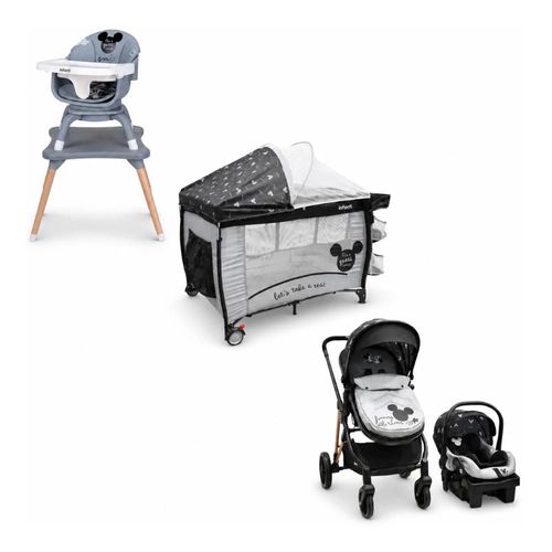 Set Carriola Con Sistema De Viaje Cuna Colecho y Silla Alta Disney Expressions Mickey Gris