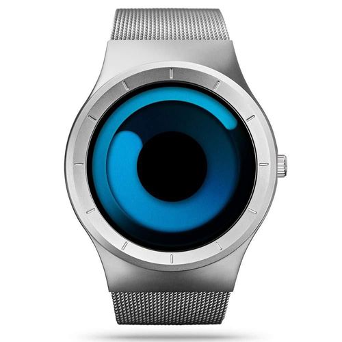 RELOJ SINOBI Diseño Creativo con Malla de Acero Plateado y Azul