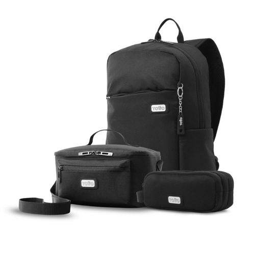 Set de Mochila Mediana, Lonchera y Lapicera Totto Flint Negro Combo Kit Escolar