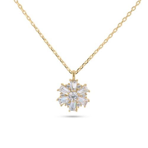 Dije Con Cadena De Oro Amarillo 14K En Forma De Flor Con Zirconias