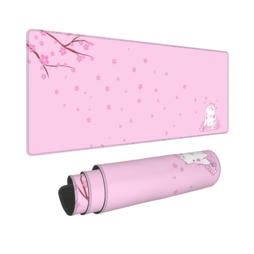Alfombrilla para mouse Leogi 80 cm x 30 cm rosa con cerezos en flor y gato