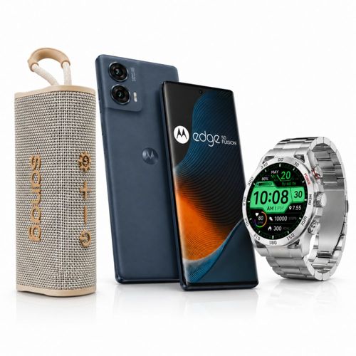MOTOROLA EDGE 50 FUSION AZUL CON BOCINA SANAG M15 BEIGE SMARTWATCH FILWANS GTR PLATA