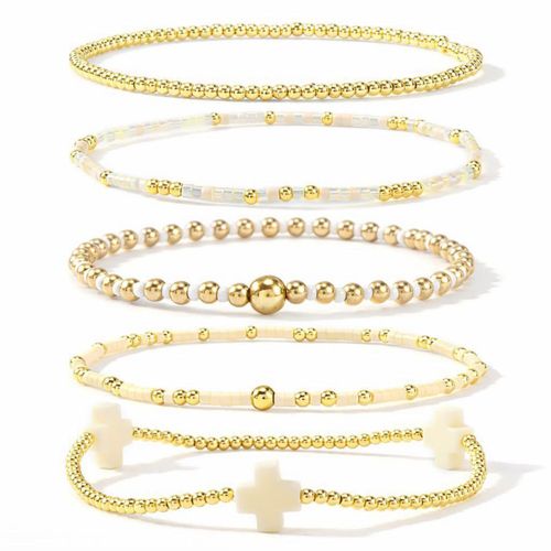 Pulseras EQUBIO Set de 5 piezas rojo y dorado con cuentas de semilla