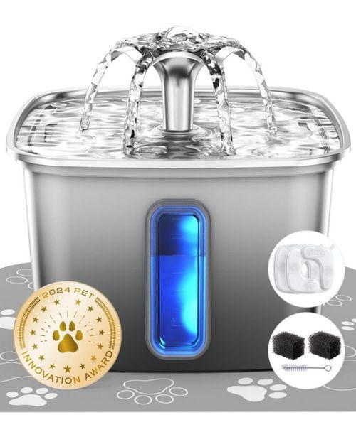 Fuente de Agua para Gatos Veken 32 L Acero Inoxidable Negro Aterciopelado