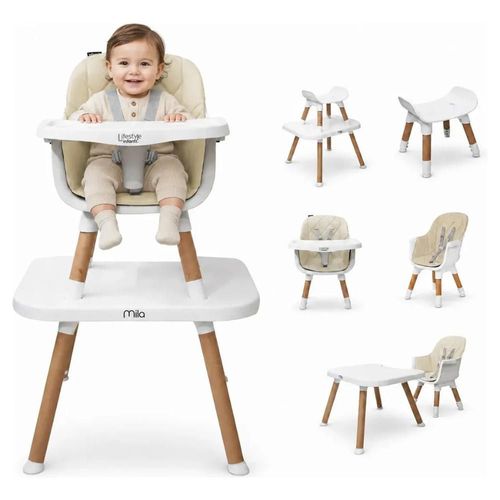 Silla Alta 6 en 1 Mila Beige Silla Pequeña, Banco Alto, Banquito, Mesa con Silla y Mesa con Banco Arnés de 5 Puntos Funda Lavable Lifestyle By Infanti