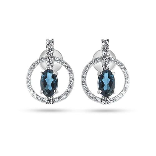 Aretes De Oro Blanco 10K Con 8Pts De Diamante Zafiro Blanco Y Topacio London Blue