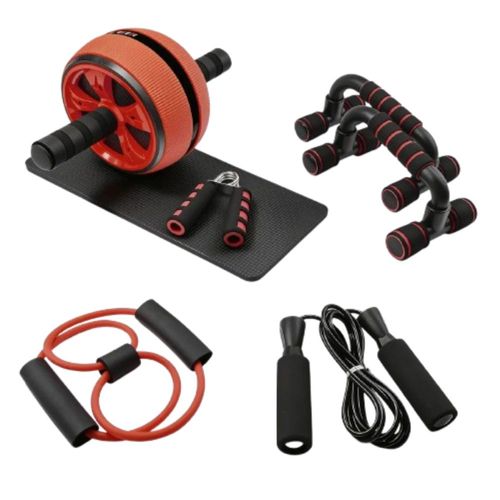 Kit Rodillo Abdominal Barras Push-up Cuerda Ejercitador Mano, Color Negro/Rojo
