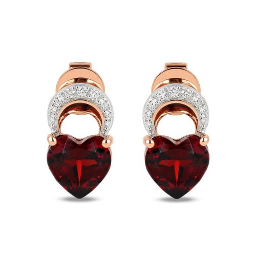 Aretes De Corazon Y Luna Oro Rosa 10K Con 7Pts De Diamante Y Granate