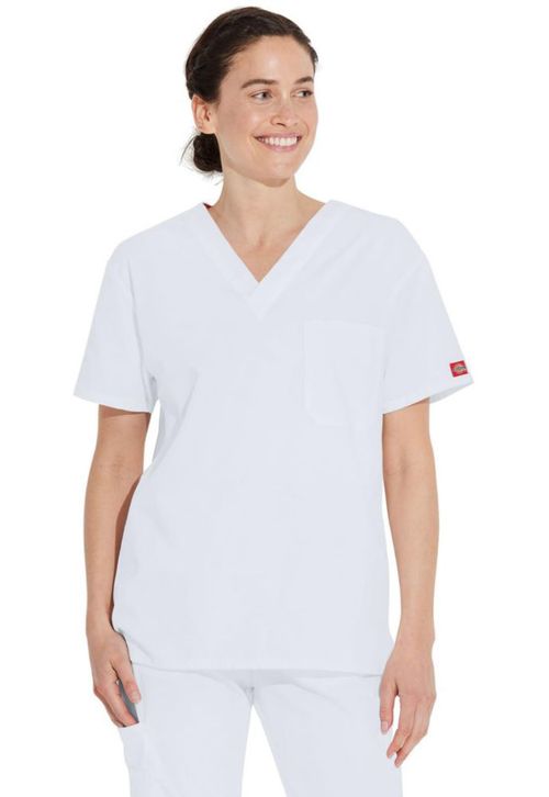 Scrub Top Dickies unisex con cuello en V color blanco
