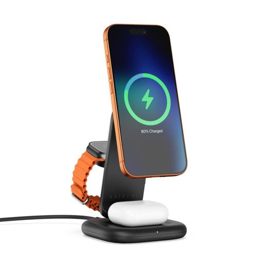 Cargador Qi2 Satechi 3‑en‑1 Plegable de Escritorio Negro