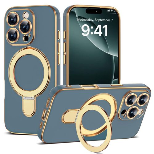 ETPESOK Carcasa con Revestimiento Metálico para iPhone 16 Pro con Soporte 6.3" Gris Azulado