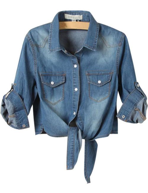Camisa AMEBELLE Crop Top de Denim con Nudo Frontal Azul Oscuro Talla M
