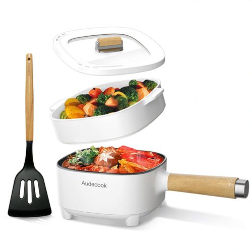 Olla eléctrica Audecook de 2 l, sartén antiadherente con esmaltado cerámico de 20 cm, olla de viaje portátil para ramen, filetes