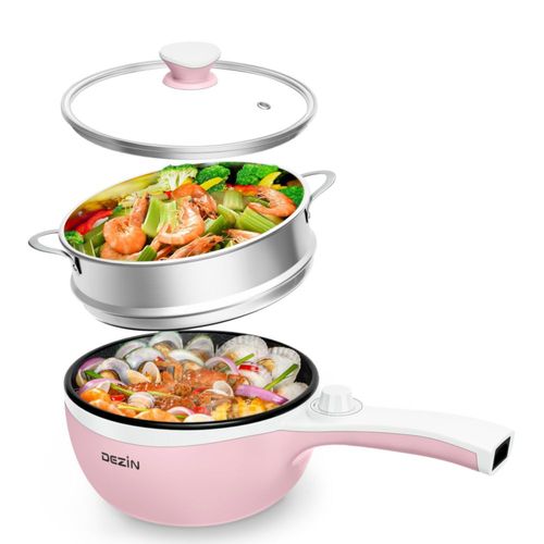 Olla eléctrica Dezin con vaporera mejorada, sartén antiadherente para saltear, olla eléctrica rápida para fideos, mini olla de 1