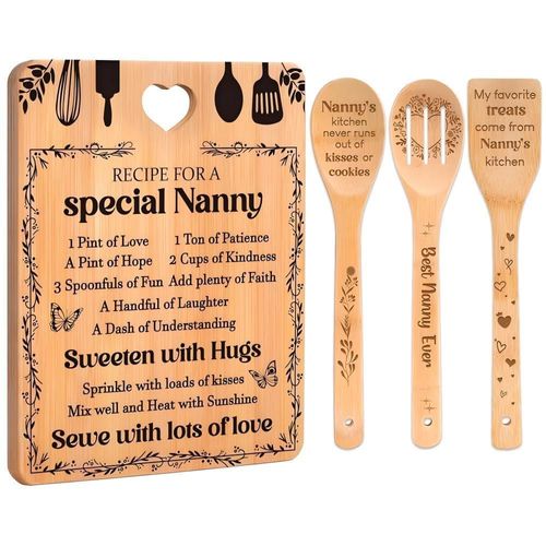 Regalos para niñeras: "Receta para una niñera especial". Juego de tablas de cortar, juego de utensilios de bambú grabados. Regal