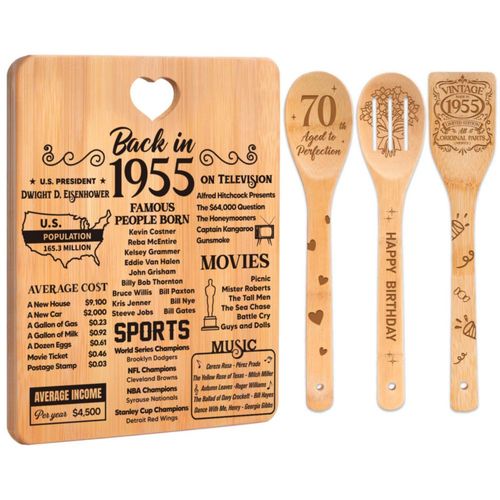 Regalos de 70 cumpleaños para mujeres: "En 1955". Regalos de 70 cumpleaños para hombres. Tabla de cortar de bambú grabada con "N