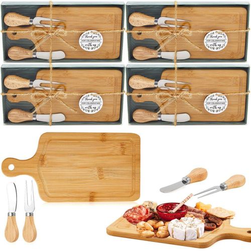 Ziliny - Juego de 4 premios de queso para baby shower, tablero cuadrado de madera, cuchillos, tenedores, etiquetas de agradecimi