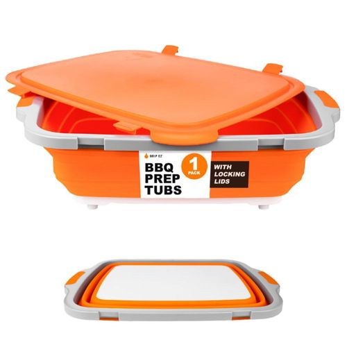 Recipiente plegable Drip EZ para preparar barbacoa - Para marinar y almacenar alimentos - Incluye tabla de cortar y tapa con cie