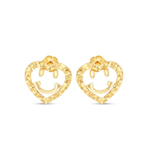 Broqueles De Corazón Con Carita Feliz De Oro Amarillo 10K Con Diamantado