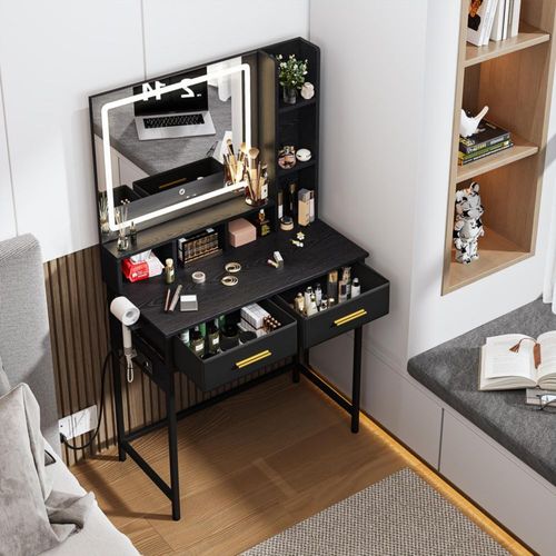 FurnitureR Tocador Maquillaje Negro con Espejo LED