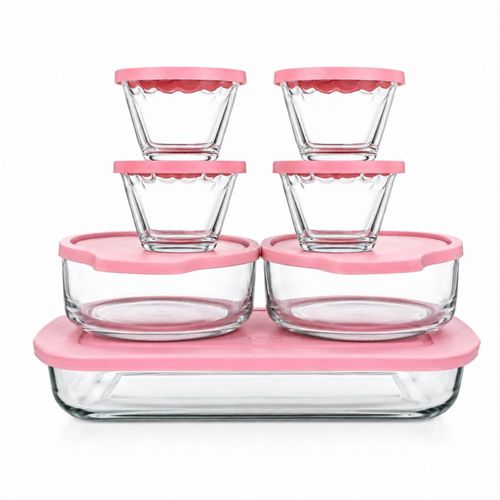 Juego de 7 Refractarios de Vidrio Rosa con Tapas de Plástico Libres de BPA