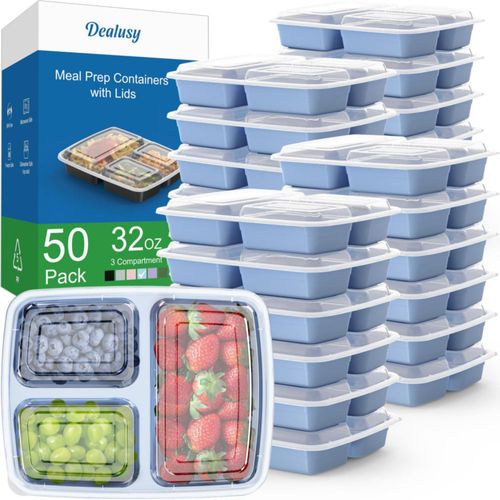Contenedores de alimentos Dealusy 950 ml 3 compartimentos (paquete de 50)