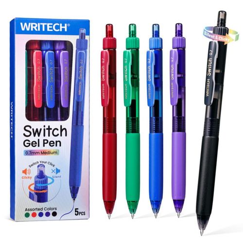 Set de 5 plumas de gel WRITECH 07 mm multicolor modo silencioso/clic