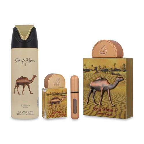 Set Lattafa Art Of Nature 4Pzs-Fragancia 100Ml Edp Spray/ Desodorante Spray 200Ml/ 20Ml Edp Spray/ Perfumero Rellenable