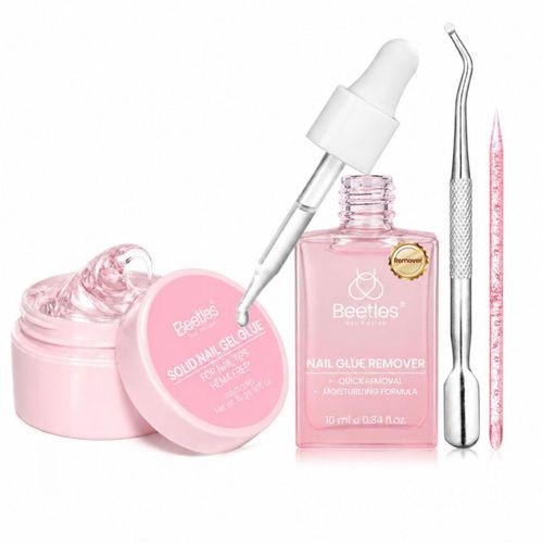 Kit de Pegamento Sólido para Uñas Beetles Gel 15 g + Removedor 10 ml y Herramienta de Doble Punta