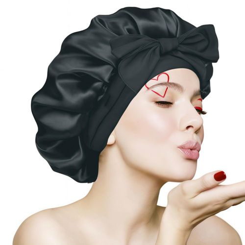 Gorro VECIIR de Seda Satinada Grande Negro con Cinta Ajustable