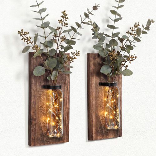 Jarrón Heiple Pack de 2 maceteros de madera y vidrio estilo granja